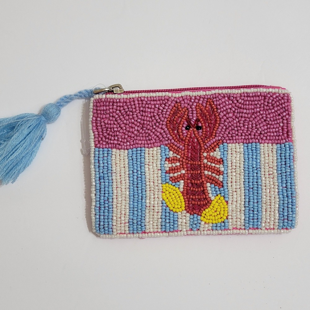 Lobster Beaded Coin Purse Pink Blue Striped Zipper Pouch Small Wallet Nautical